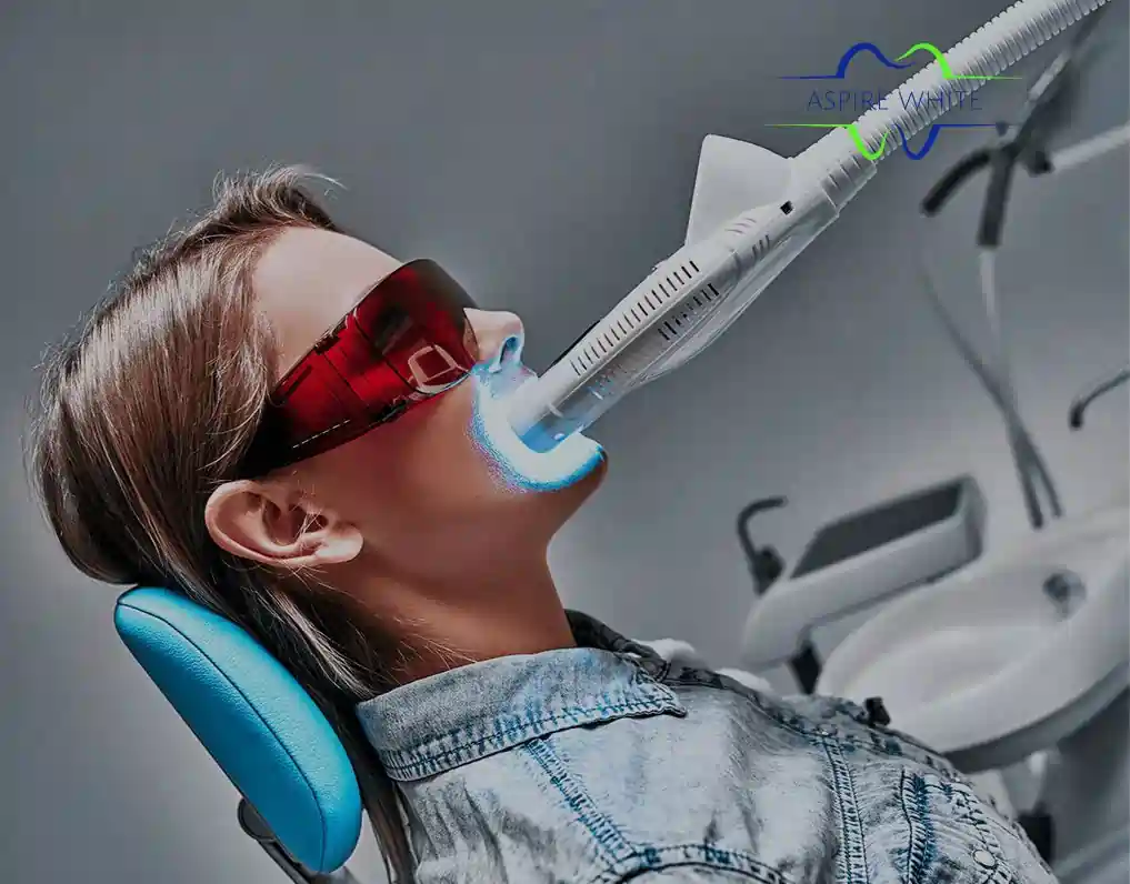 Patient relaxing in clinic chair during 1 hour laser teeth whitening session {name}